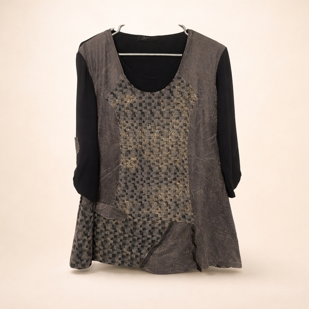Ardoise Black & Gray Mixed Fabric Long Sleeve Top | Whimsical Goth Dark Romance